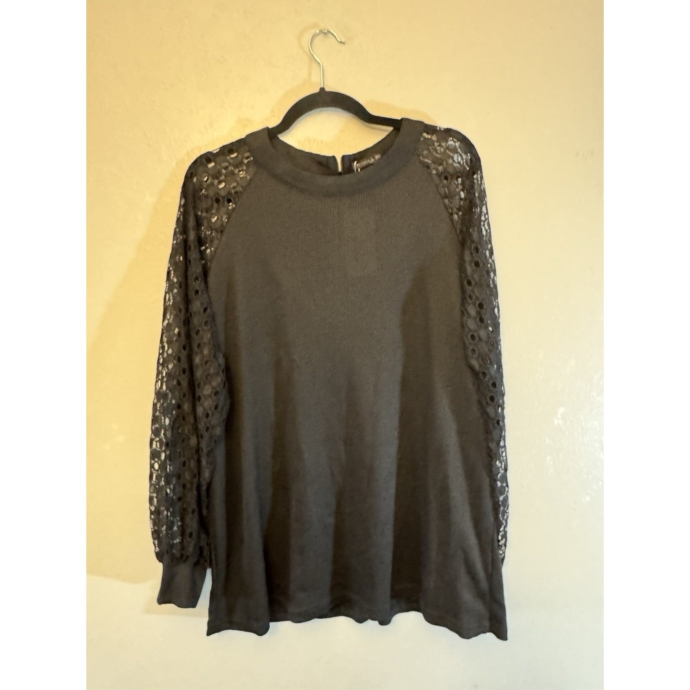 NWT Miholl XXL‎ Black Scoop Neck Waffle Knit And Lace Long Sleeved Blouse